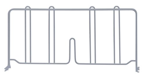 The Quantum Wire Shelf Divider, 18D x 8H, in gray epoxy antimicrobial finish, features angled feet and a central notch for dishwasher or kitchenware organization.