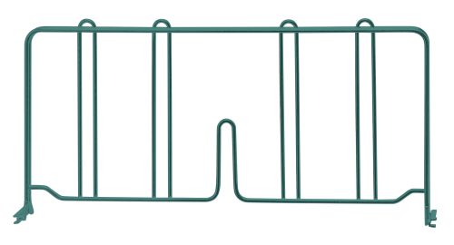 The Quantum Wire Shelf Divider, measuring 18D x 8H, features a green epoxy antimicrobial finish with three vertical dividers and a U-shaped cutout at the bottom center, ideal for organizing and keeping books upright.