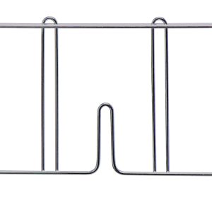 The Quantum Wire Shelf Divider, 18D x 8H, is crafted from sleek 304 stainless steel and features multiple vertical dividers with a narrow U-shaped center section. Its minimalist design offers an efficient organizing solution against a plain white backdrop.