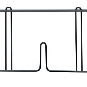 The Quantum Wire Shelf Divider features a black epoxy antimicrobial finish with dimensions of 21D x 8H, a rectangular frame with vertical bars, a small U-shaped bottom center opening, and four top attachment loops.