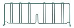 The Quantum Wire Shelf Divider, measuring 24D x 8H, is a green metal support with a grid structure, featuring vertical bars and an antimicrobial epoxy finish. It includes top loops and bottom feet for stability.