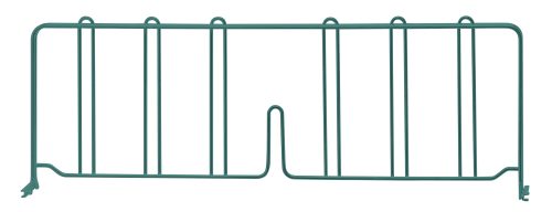 DIV24P.jpg The Quantum Wire Shelf Divider, measuring 24D x 8H, is a green metal support with a grid structure, featuring vertical bars and an antimicrobial epoxy finish. It includes top loops and bottom feet for stability.