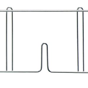 The Quantum Wire Shelf Divider, 30D x 8H, chrome-plated, features vertical bars with a U-shaped cutout and stands securely on small metal feet at each end. Designed to prevent pots and pans from sliding off the stove.