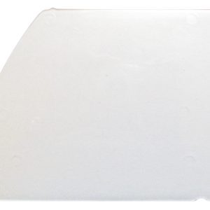 A white, rectangular plastic scraper with rounded edges and a slightly curved top left corner resembles a Quantum Bin Shelf Divider for Bin Qtb304 (Pack of 4). The smooth surface, showing scuff marks, suggests its robust construction and American craftsmanship.