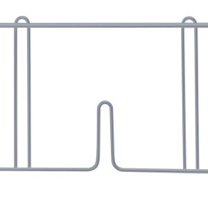 The Quantum Wire Shelf Divider is a 30D x 8H metal rack with a gray epoxy antimicrobial finish. It features multiple vertical dividers, support notches, and end hooks for holding items upright, making it perfect for organized storage.