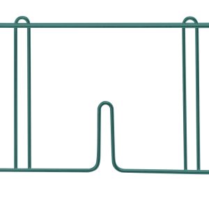The Quantum Wire Shelf Divider, 30D x 8H, features a green epoxy antimicrobial finish with eight vertical bars, a wire shelf design, a small central notch at the bottom, and curved ends for stability.