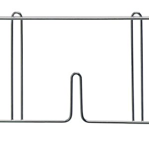 The Quantum Wire Shelf Divider, 36D x 8H, is made of durable 304 stainless steel featuring vertical rods and a central cut-out. Its designed with evenly spaced rods and small hooks on top for easy mounting or connecting to other panels, similar to a wire shelf divider.