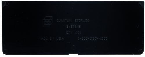 Black rectangular plastic label with raised text: Quantum Storage Systems DIV 401 MADE IN USA 1-800-685-4665. The Quantum Divider, designed for use with QED401, is the perfect divider option and comes in a pack of 4.