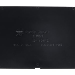 A black rectangular Quantum Divider from a pack of 4, designed for use with QED701 and QED606, features the embossed text: Quantum Storage Systems. DIV 606/701. Made in USA. 1-800-685-4665, alongside a cube logo on the left side.