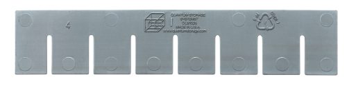 The Quantum Long Divider, gray, with six vertical slots and a 4 marking, features logos and text like the recycling symbol and manufacturer info. Its designed for use with DG91025 and is available as a durable pack of six, made in the USA.