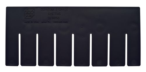 The Quantum Long Divider is a conductive black plastic divider with bottom slots, available in a pack of 6. It is labeled Quantum Storage Systems DL91050, includes Made in USA, Miami FL, and has a contact number, ensuring efficient storage solutions.