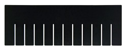 Image of the Quantum Long Divider, a black plastic tool with ten evenly spaced slots. This USA-made rectangular divider features a flat top and short teeth at the bottom, ideal for use with DG92060CO. (Pack of 6).