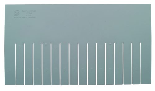 The Quantum Long Divider, gray, designed for DG93120 and made in the USA, features a rectangular shape with vertical slots for organization. Its smooth surface, plain design, and faint logo complement any space. Available in a pack of 6.