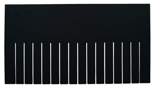 The Quantum Long Divider is a black, rectangular plastic object with fifteen vertical slots, a solid top, and parallel slits on the bottom. Made in the USA, it has a comb-like appearance designed for use with DG93120CO. Comes in a pack of 6.