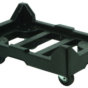 The Quantum Dolly, measuring 24W x 15D, supports a 1000 lbs. load and is perfect for transporting heavy items. It features a sturdy grid-like base, raised edges, and small swivel casters for stability during transit.