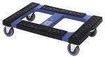The Quantum Dolly, measuring 30W x 18D with a load capacity of 1000 lbs., features a sturdy blue and black platform with zigzag-patterned strips, four swivel wheels for enhanced mobility, and padded rubber trim for durability and safety.