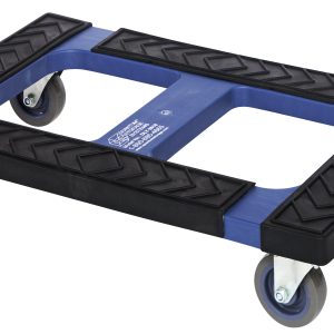 The Quantum Dolly, measuring 30W x 18D with a load capacity of 1000 lbs., features a sturdy blue and black platform with zigzag-patterned strips, four swivel wheels for enhanced mobility, and padded rubber trim for durability and safety.