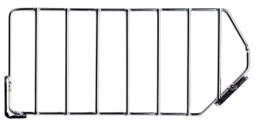 QMB210 hanger The Quantum Bin Divider, compatible with QMB520C, features a chrome-plated metal side panel with vertical bars in a rectangular frame. It includes a narrower section with diagonal supports on the right side and boasts a durable chrome finish.