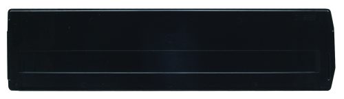 Close-up of a Quantum Bin Divider, solid black and rectangular with smooth edges, designed for use with QMS531. Set against a plain white background. Made in USA. Pack of 6.