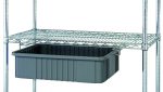 The Quantum Single Bin Drawer Slide suspends bins and trays below wire shelves with vertical grooves, using a chrome-plated finish and supported by vertical metal poles.