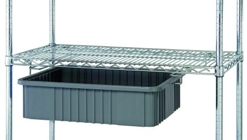 The Quantum Single Bin Drawer Slide suspends bins and trays below wire shelves with vertical grooves, using a chrome-plated finish and supported by vertical metal poles.