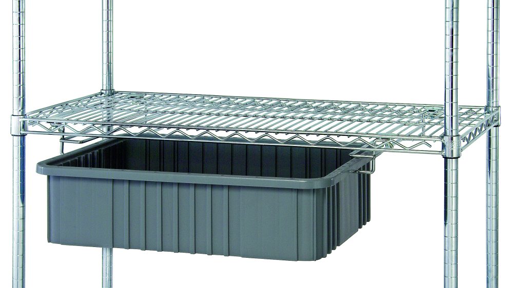 Single drawer slide kit for suspending bins and trays between wire shelves