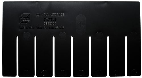 The Quantum Short Divider in black, conductive, and suitable for DG92060CO use, comes in a pack of 6. It features seven slots with Quantum Storage Systems DS92060, a logo, phone number, and Made in USA embossed on it.