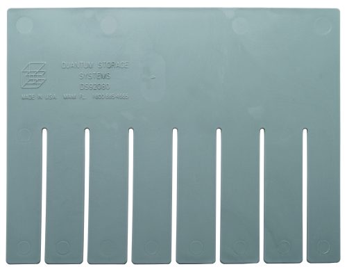 DS92080.jpg Quantum Storage Systems DS92080 gray plastic short divider features slotted tabs for use with DG92080 and is marked Made in USA Miami FL, complete with a contact number.