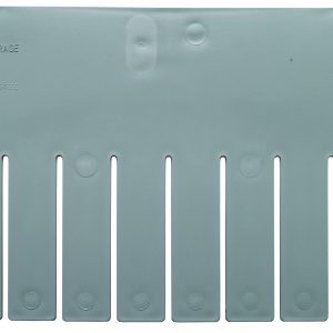 The Quantum Short Divider, designed for DG93080 and made in the USA, is gray with evenly spaced vertical slots. It features embossed text at the top, including a logo and Quantum Storage Systems, ideal for organizing or separating items in storage bins or drawers.