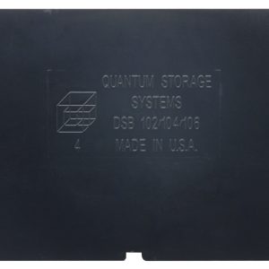A sleek black storage bin embossed with Quantum Storage Systems, DSB 102/104/106, Made in U.S.A. is ideal for organizing your space and fits perfectly with the Quantum Bin Divider for Bin DSB102 (Pack of 50).
