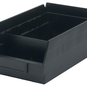 A black plastic QSB103CO storage bin features a slanted open top, reinforced sides, and conductive material for static protection. Designed for organization, its proudly made in the USA for reliable quality. Can be used with Quantum Bin Divider, conductive; compatible with Qsb101Co and Qsb105Co.