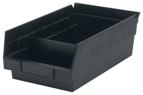 A black plastic QSB103CO storage bin features a slanted open top, reinforced sides, and conductive material for static protection. Designed for organization, its proudly made in the USA for reliable quality. Can be used with Quantum Bin Divider, conductive; compatible with Qsb101Co and Qsb105Co.