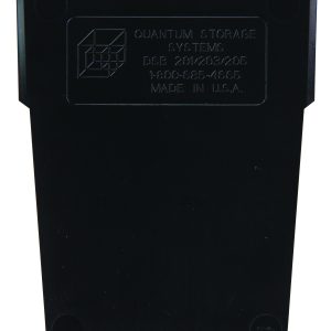 Close-up of a black container labeled Quantum Storage Systems, model DSB 201203/206, showing Quantum Bin Divider for Qsb201, pack of 50, contact info, and Made in USA on the back.