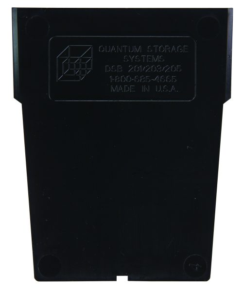 Close-up of a black container labeled Quantum Storage Systems, model DSB 201203/206, showing Quantum Bin Divider for Qsb201, pack of 50, contact info, and Made in USA on the back.