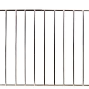 The Quantum Basket Divider, designed for 24D Post Baskets, features a chrome-plated finish and evenly spaced parallel bars. It includes a slight angled section on the left side with two hooks for secure attachment inside an oven, combining functionality and style for various settings.