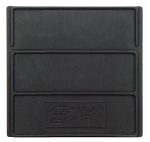 Square black plastic bin featuring a grid pattern on one side. Near the bottom, an embossed label reads Quantum Storage Systems, R300-60, Made in U.S.A. (pack of 6), designed for use with SSB441 and SSB461 or as a Quantum Bin Divider.