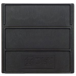 Square black plastic bin featuring a grid pattern on one side. Near the bottom, an embossed label reads Quantum Storage Systems, R300-60, Made in U.S.A. (pack of 6), designed for use with SSB441 and SSB461 or as a Quantum Bin Divider.