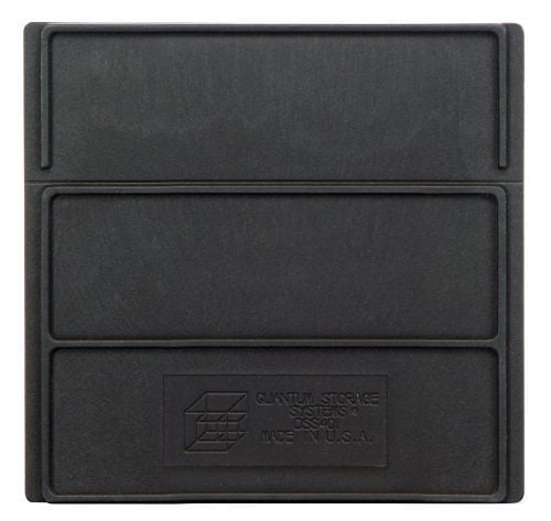 DSS401.jpg Square black plastic bin featuring a grid pattern on one side. Near the bottom, an embossed label reads Quantum Storage Systems, R300-60, Made in U.S.A. (pack of 6), designed for use with SSB441 and SSB461 or as a Quantum Bin Divider.
