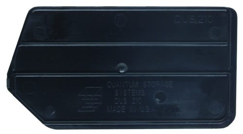This black plastic Quantum Bin Divider, For Bin Qus210 (Pack Of 6), Made In USA fits the QUS210 bin and has angled corners and parallel ridges for a snug fit.