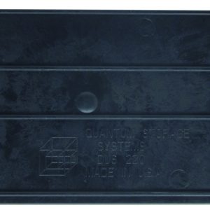 A black, rectangular plastic object with a smooth surface and raised text that reads QUATON STORAGE SYSTEM DUS 220 MADE IN KOREA is designed as a bin divider for QUS220. Featuring a triangular notch on one side and circular impressions, its sold in packs of 6 as Quantum Bin Divider in the USA.