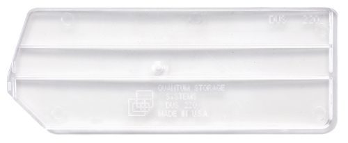 The clear plastic lid has a central raised knob, is embossed with Quantum Storage Systems, DUS 220, and MADE IN USA. It fits bin QUS220 perfectly and comes in a pack of 6.