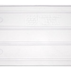 The Quantum Bin Divider, Clear, For Bin Qus221 (Pack Of 6), Made In USA, features a clear rectangular lid with a slightly angled edge, two elongated raised sections in the center, and four circular indents at the corners—ideal for organizing your space.