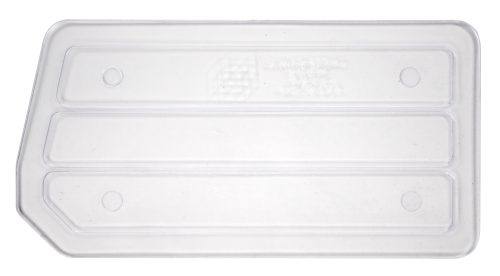 The Quantum Bin Divider, Clear, For Bin Qus221 (Pack Of 6), Made In USA, features a clear rectangular lid with a slightly angled edge, two elongated raised sections in the center, and four circular indents at the corners—ideal for organizing your space.