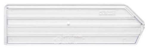 A clear, transparent Quantum Bin Divider with flat surface and rounded edges, featuring small circular indentations and an angled tip, designed for protecting blades. Made in USA for bin QUS224 (pack of 6).