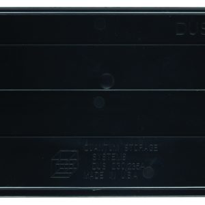 Rectangular black object with a tapered end, marked DUS 230/235H, is the smooth bin divider compatible with QUS230 and QUS235 bins. Its reflective, has small markings, and comes in a pack of 6. Product: Quantum Bin Divider for Bins QUS230/QUS235, made in USA.