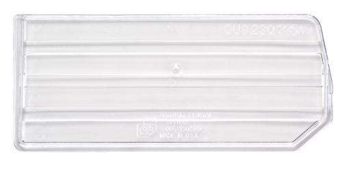 DUS230-235a5 Clear Quantum Bin Divider, made in the USA for bins QUS230 and QUS235, features grooves and a textured pattern for grip with subtle size and origin text. Pack of 6.