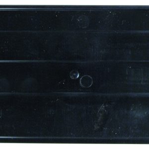 A black, rectangular plastic Quantum Bin Divider for QUS234 with grooves, ridges, DUS 234 text in the upper right corner, a glossy surface with evenly spaced circular indentations. Made in the USA and available in packs of six.