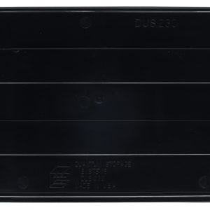 The Quantum Bin Divider for Bin QUS239, a pack of 6, is USA-made with a sleek black rectangular plastic design featuring angled edges, embossed lines, DUS 280 text, and a logo on its smooth glossy surface.