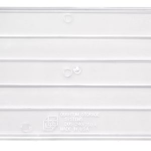 A Quantum Bin Divider, clear and ridged with beveled edges, fits bins QUS240 and QUS250 (pack of 6). It features an embossed logo and text, proudly made in the USA by Quantum Storage Systems.