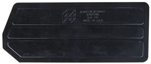 A black rectangular plastic Quantum Bin Divider with an angled edge and two horizontal grooves, marked Quantum Storage Systems, DUS 241, Made in USA, complements bin QUS241 (pack of 6) and features a cube logo.